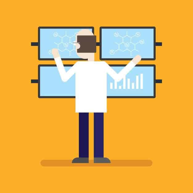 A scientist is presenting complex data and research findings on a large screen at a biotech conference. The attendees are listening attentively and taking notes, highlighting the educational value of the event.