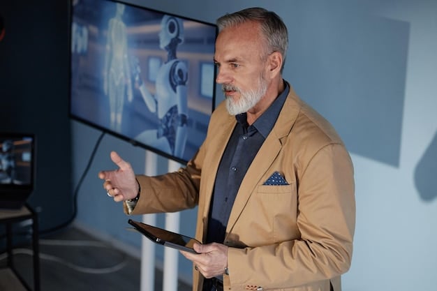 A Venture Capitalist intently listening to a pitch, with the presenter standing confidently and gesturing towards a visual aid displaying graphs and data related to a biotech innovation.