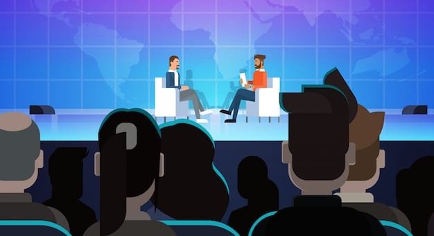 A panel discussion at a biotech event, with the speakers' names and affiliations clearly visible, and an audience member live-tweeting key points.