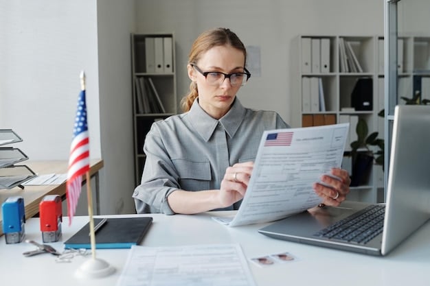 A professional review of documents related to the H-1B visa process. The scene includes folders, forms, and a person using a magnifying glass to examine closely a particular document, symbolizing the need for accuracy and meticulousness in the application.