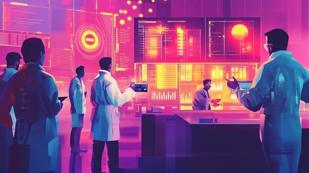 A visual representation of a grant review panel, with scientists reviewing applications and highlighting the declining funding rates. Graphically show the shift in funding priorities.