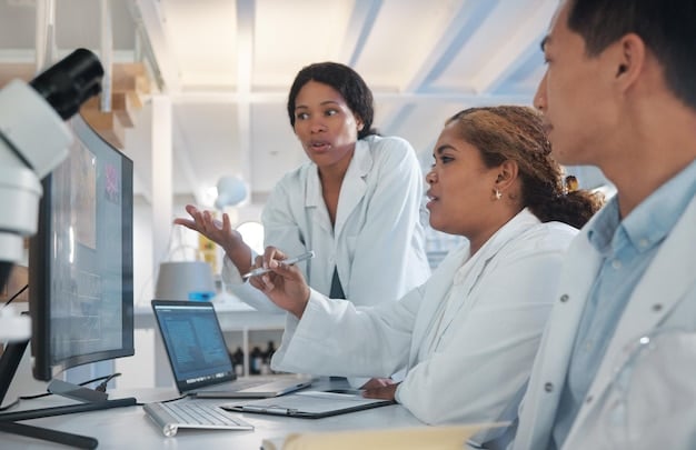 A group of diverse scientists working in a modern biotech lab, focused on conducting experiments and research