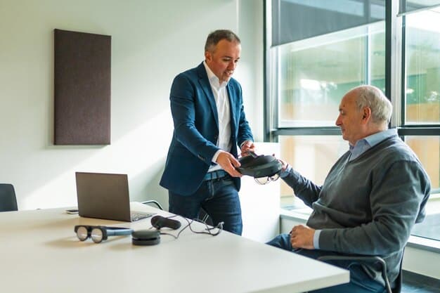 A senior biotech executive shaking hands with a new hire in a modern office setting, symbolizing the rewarding career paths and leadership opportunities available in the biotech industry, with growth charts displayed on a nearby screen to indicate the sector's positive trajectory.