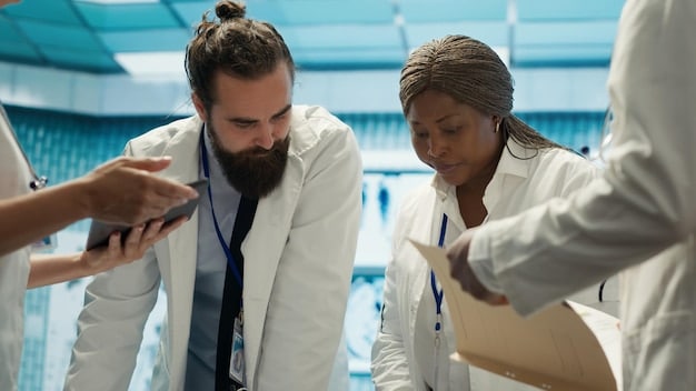 A diverse group of biotech professionals collaborating in a modern laboratory, discussing research findings. The scene emphasizes teamwork and innovation in a biotech setting.