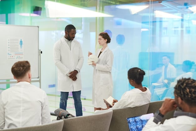 A person confidently giving a presentation to colleagues in a biotech firm, showcasing their expertise and leadership skills. The backdrop includes sophisticated lab equipment and data displays.
