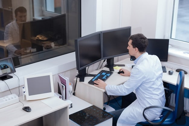 A scientist in a lab coat reviewing data on a computer screen, surrounded by lab equipment and colleagues. The image highlights the importance of data analysis, collaboration, and scientific rigor in the biotech industry.
