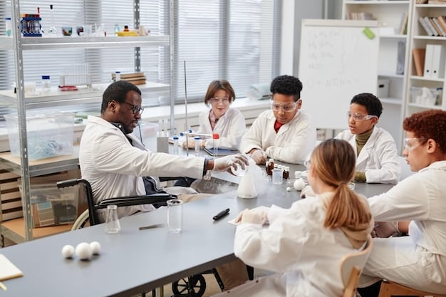 A diverse team of scientists and business professionals in a biotech startup, brainstorming around a whiteboard filled with project milestones and timelines. The setting is an open, collaborative workspace with natural light.
