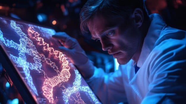 A data scientist using machine learning algorithms to analyze genomic data, highlighting the role of advanced analytics in biotech research.