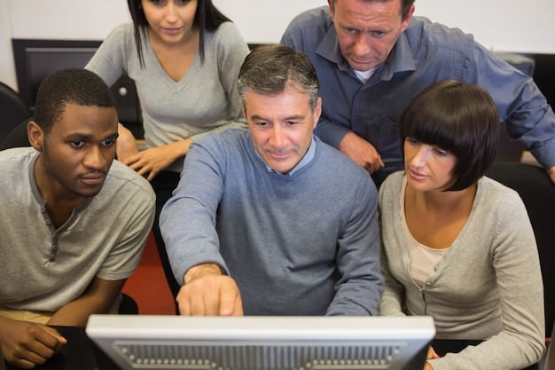 A graphic showing a group of employees participating in a cybersecurity training session, with a presenter explaining phishing attack prevention techniques. The scene is set in a modern biotech office.