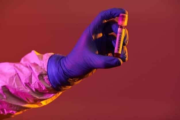 A close-up of a scientist in a lab coat examining a vial with a colorful liquid against the backdrop of sophisticated lab equipment. The focus is on the vial, representative of a promising drug candidate, with blurred background elements indicating research and development.