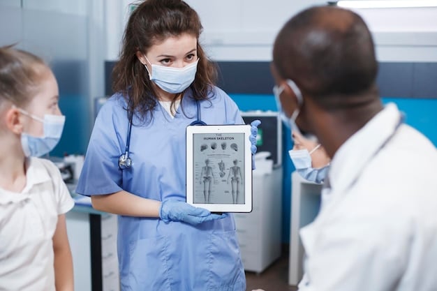 A doctor examining a patient's genetic report on a tablet, with a supportive and informative expression. The scene is set in a modern clinic, emphasizing the integration of technology in patient care.