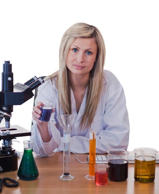 A scientist in a white lab coat working with a microscope in a high-tech biotech laboratory. Test tubes and beakers are visible, and the overall impression is one of focused research and innovation.