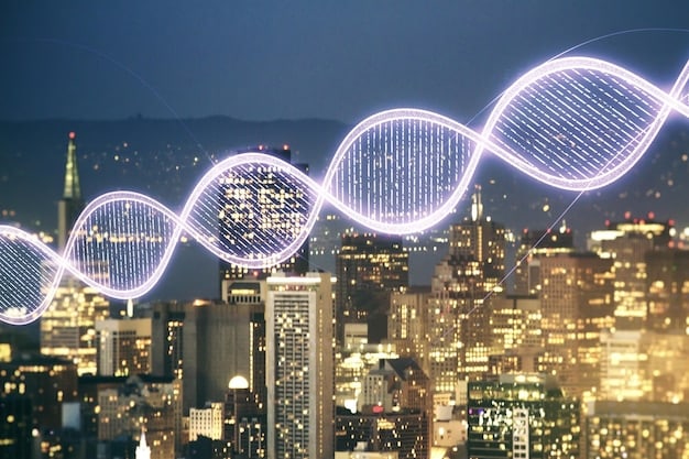 A futuristic cityscape with glowing DNA strands interwoven, representing the potential of genomics and biotech innovation.