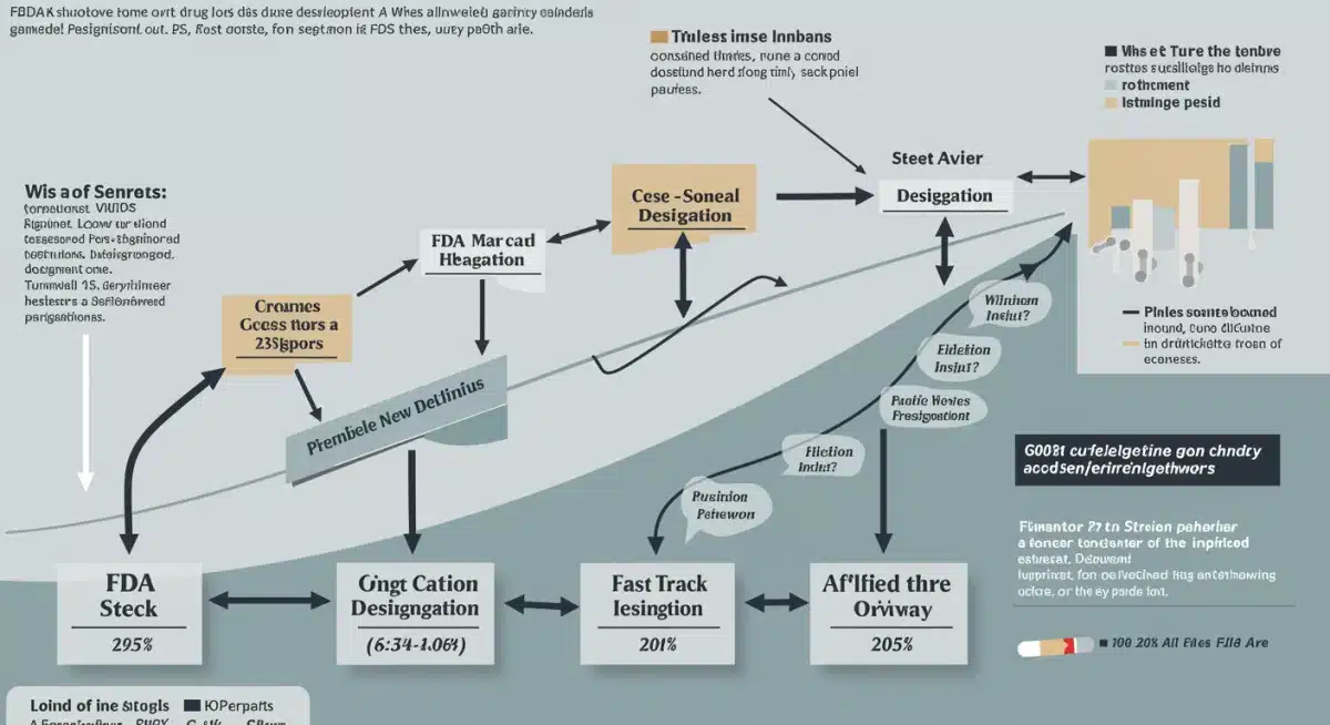 Infographic showing drug development stages with FDA Fast Track acceleration and stock market impact