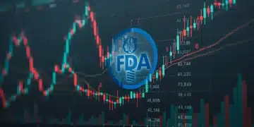 Stock market chart with FDA logo and biotech symbols showing growth trends
