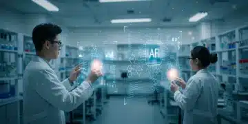 Futuristic biotech lab with AI integration, data analysis, and scientific innovation