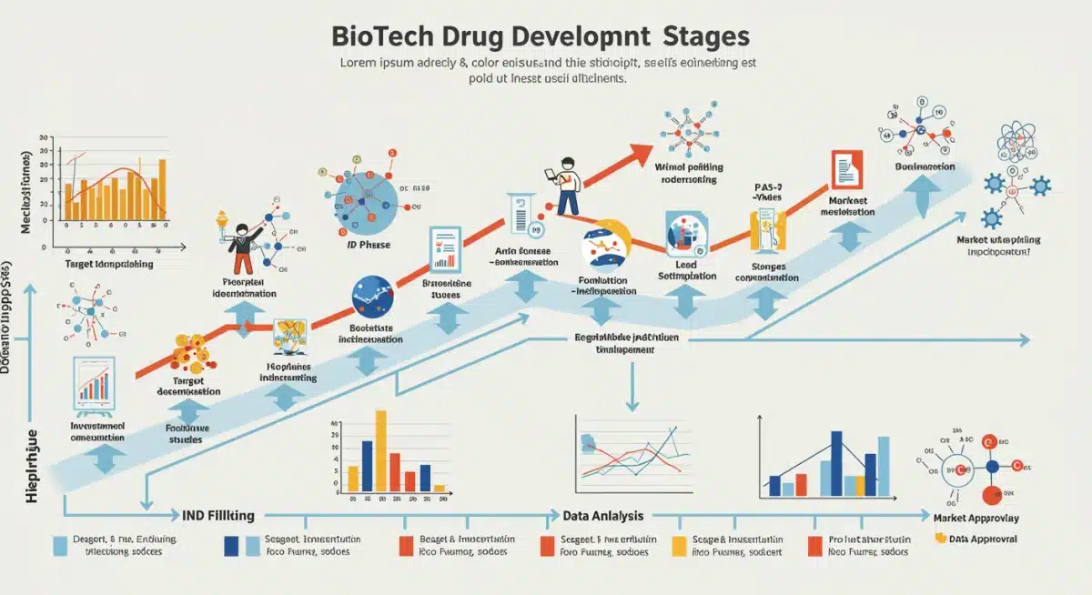 Infographic illustrating biotech drug development pipeline and growth stages.