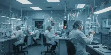 Scientists in a futuristic lab analyzing data, symbolizing biotech investment risks and innovation.