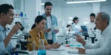 Professionals collaborating in a modern biotech lab, symbolizing strategic career planning and innovation.