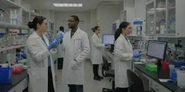 Biotech Certifications: Boost Your Job Prospects by 25% in 2025 Scientists working in a modern biotech laboratory, discussing research and handling equipment, symbolizing career growth.