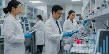 Scientists working in a biotech lab, symbolizing innovation and the pursuit of non-dilutive funding for US startups.