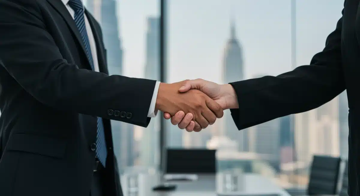 Successful business partnership handshake at biotech conference