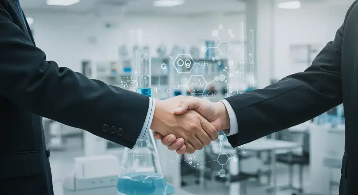 Strategic partnership handshake between biotech startup and pharma
