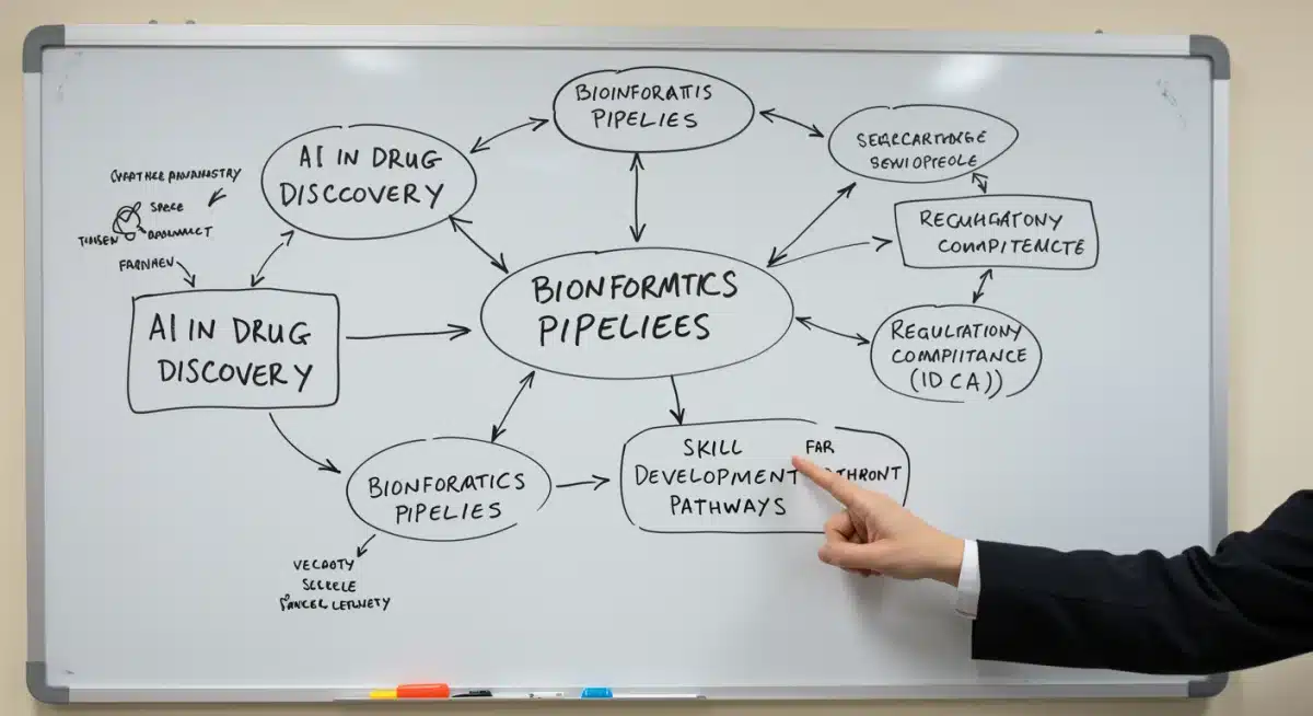 Whiteboard showing interconnected biotech skill development pathways and key industry concepts.