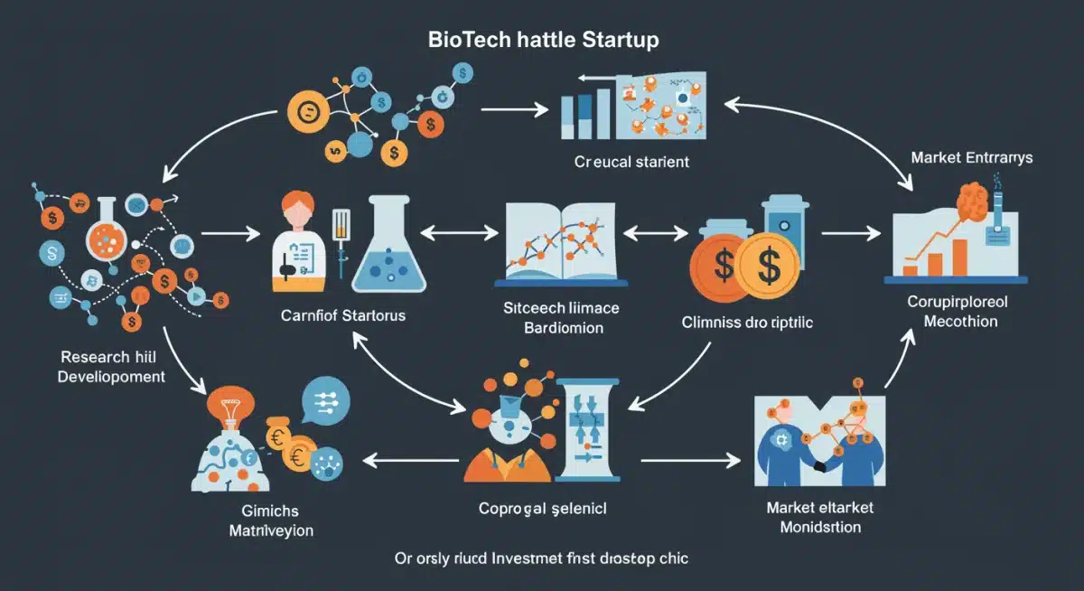Infographic showing biotech startup lifecycle and investment milestones.