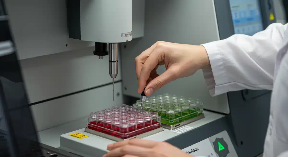 Hands operating a high-throughput screening machine in a biotech laboratory, highlighting practical certified skills.