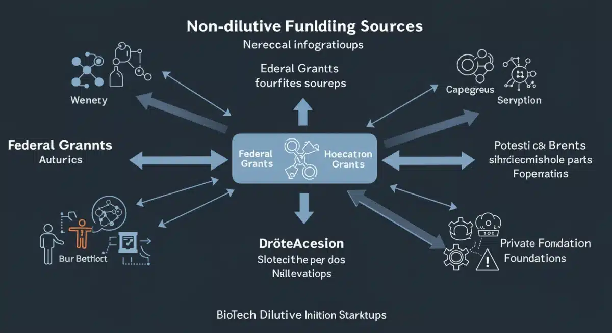 Infographic showing various non-dilutive funding sources for biotech startups.