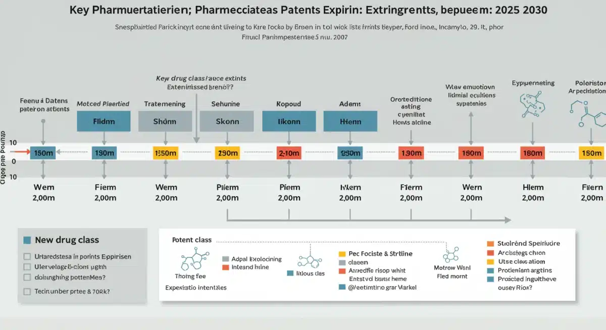 Infographic showing pharmaceutical patent expiration timeline and revenue at risk