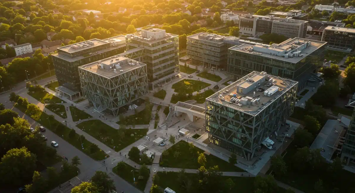 Aerial view of a thriving US biotech hub with research facilities and corporate buildings.