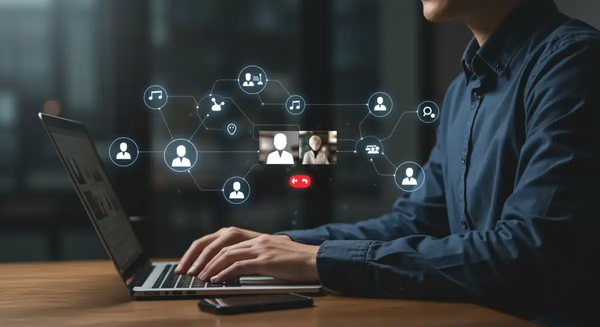 Professional engaging in a virtual interview or networking session on a laptop.