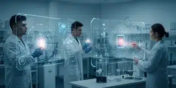 Futuristic lab with AI visualizing biological data for biotech R&D