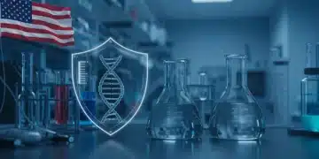 Shield protecting DNA helix and beaker in a modern biotech lab, symbolizing intellectual property security for US startups.