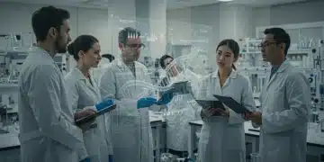 Scientists collaborating in a biotech lab, analyzing data on a futuristic screen.