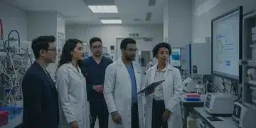 Professionals analyzing data in a modern biotech lab