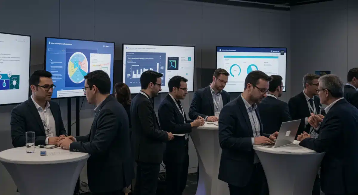 Biotech professionals networking at a summit, discussing innovative project proposals and data.