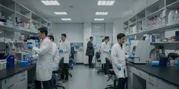 Scientists collaborating in a cutting-edge biotech lab
