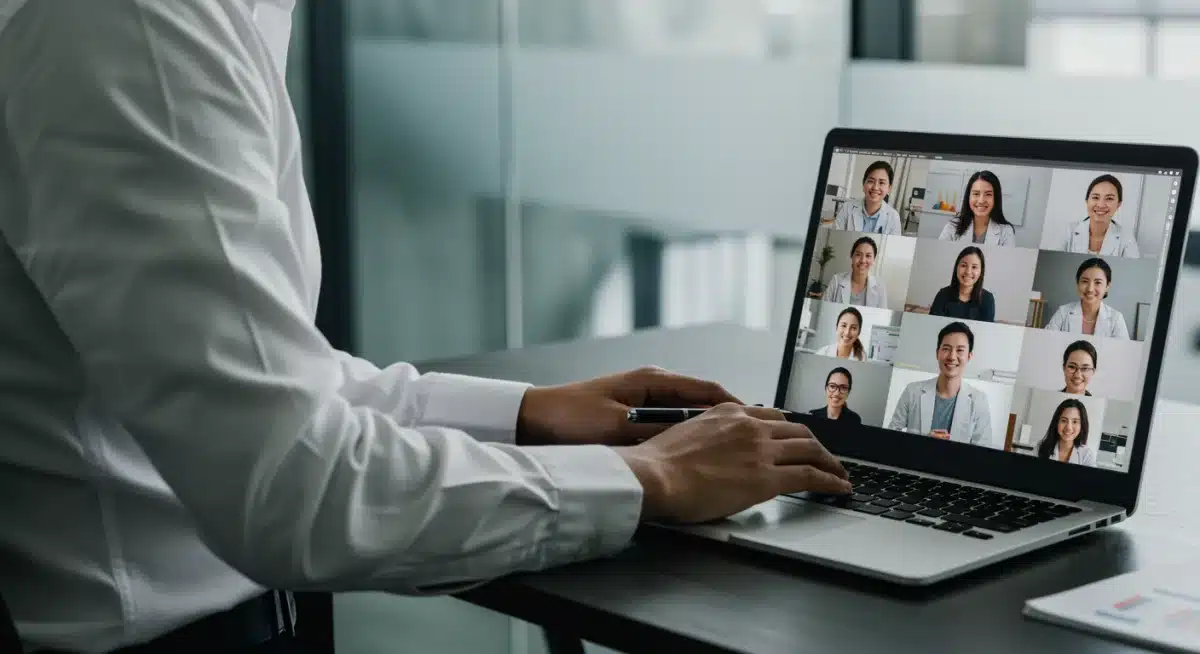 Biotech professional leading a virtual team meeting, illustrating remote work trends.