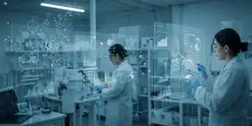 Scientists working in a high-tech biotech lab with advanced screens and molecular models, representing future biotech innovation.