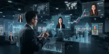 Futuristic virtual biotech conference screen showing diverse attendees and growth metrics