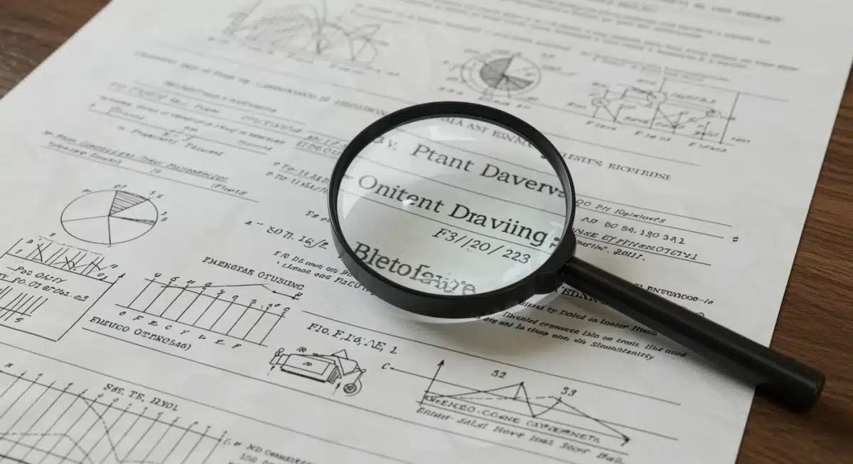 Detailed illustration of a complex patent document under a magnifying glass, emphasizing thorough review.