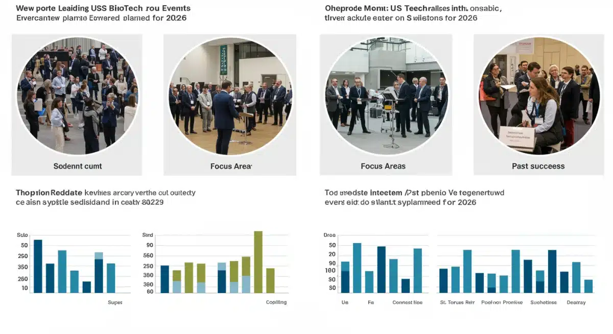 Infographic comparing four leading US biotech events in 2026 by attendee numbers, key focus areas, and industry impact.