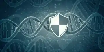 Digital illustration of DNA and a shield, symbolizing intellectual property protection for US biotech startups.