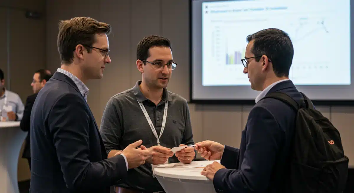 Biotech professional networking at an industry event, emphasizing career connections.