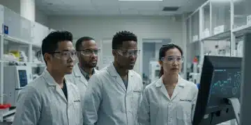 Biotech professionals collaborating in a high-tech lab, focused on future career growth