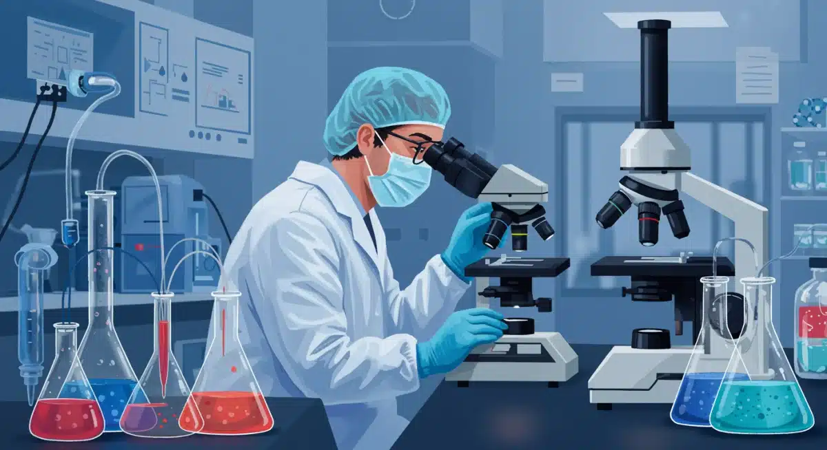 Scientist in lab coat examining samples under a microscope, symbolizing biotech research.