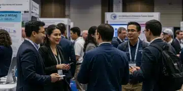 Professionals networking at a US biotech summit, exchanging cards and discussing research